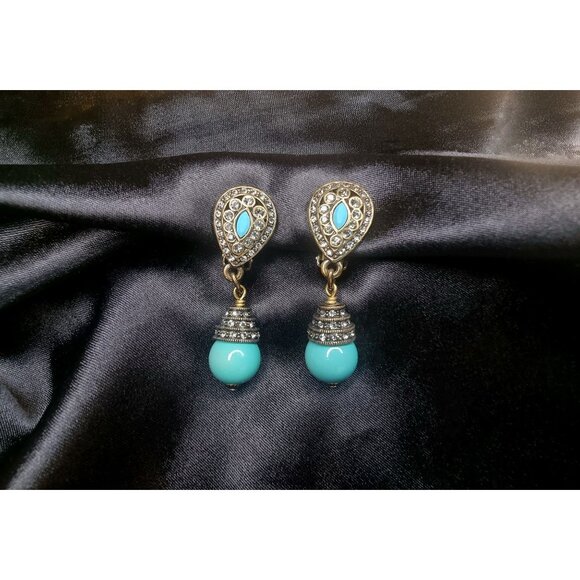 Heidi Daus Faux Turquoise Clear Crystals Bronze Tone Dangle Earrings - Picture 2 of 4